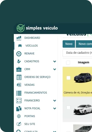 Tela de veículos do sistema: menu de módulos e lista de carros cadastrados