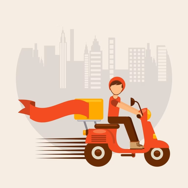 Ilustração de entregador com baú vermelho pilotando moto diante de prédios da cidade