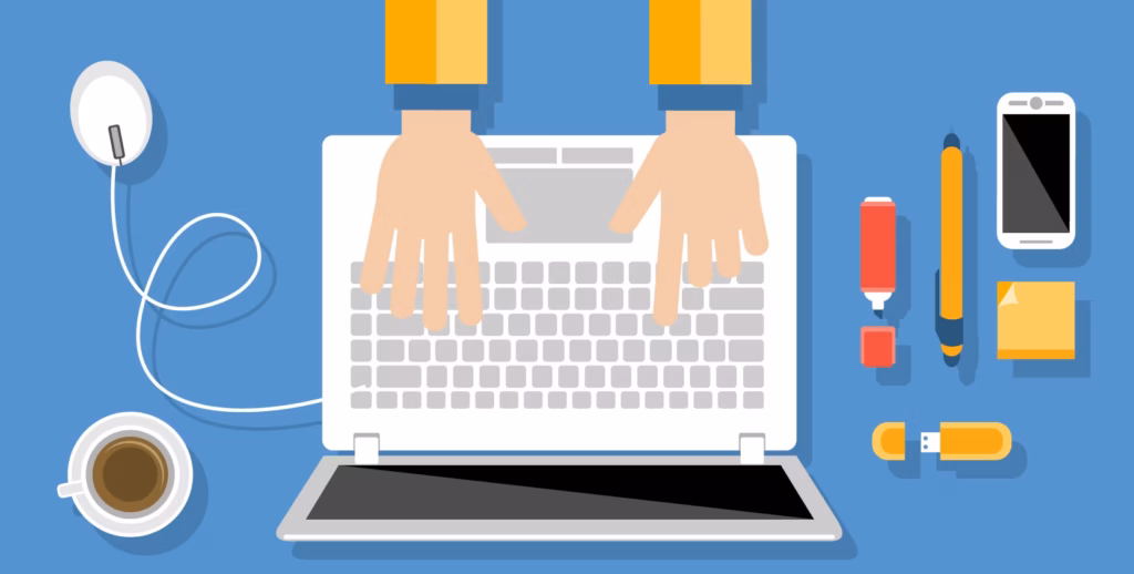 Ilustração de mãos digitando em um notebook sobre mesa azul com café, mouse, celular e canetas