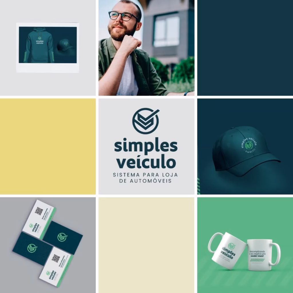 Mosaico da nova identidade visual da Simples Veículo com logo, boné, canecas, cartões e cores da marca