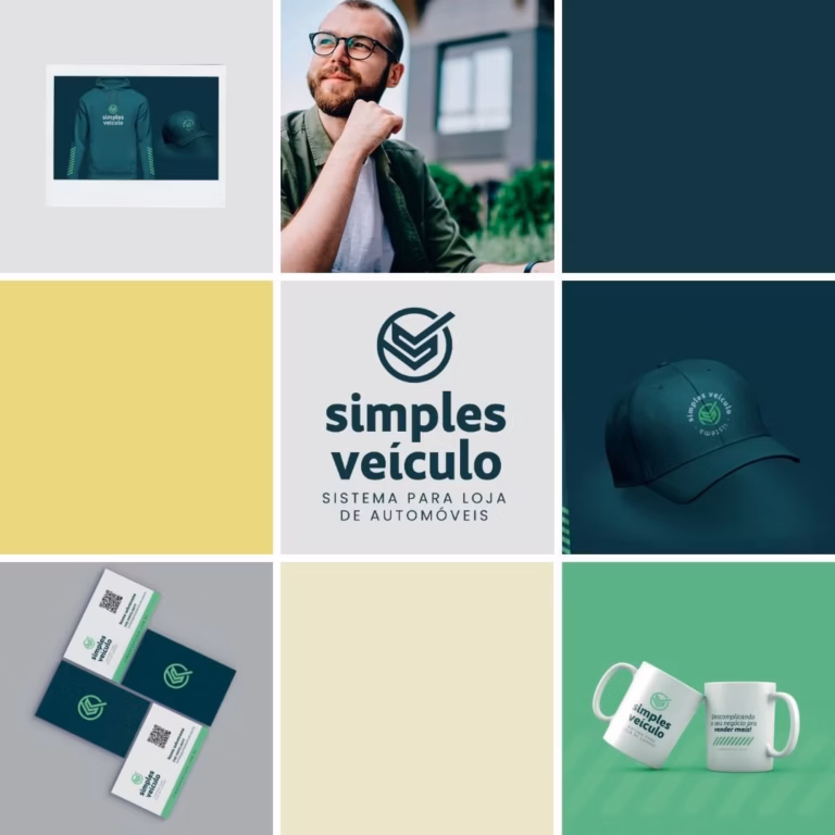 Mosaico da nova identidade visual da Simples Veículo com logo, boné, canecas, cartões e cores da marca