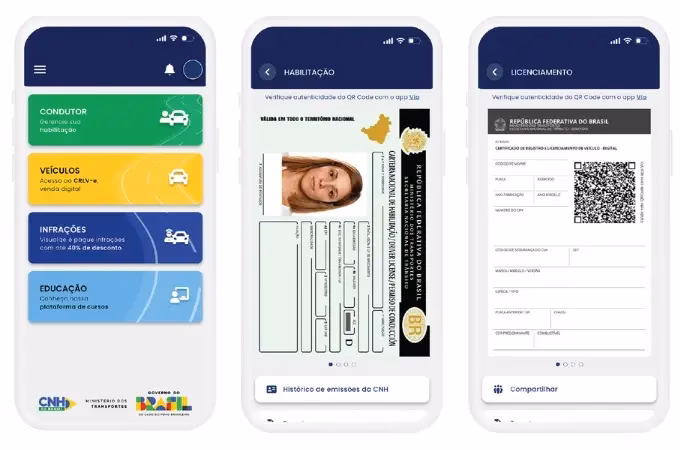 Três telas do aplicativo CNH do Brasil com menus de condutor, veículos, infrações e a CNH digital