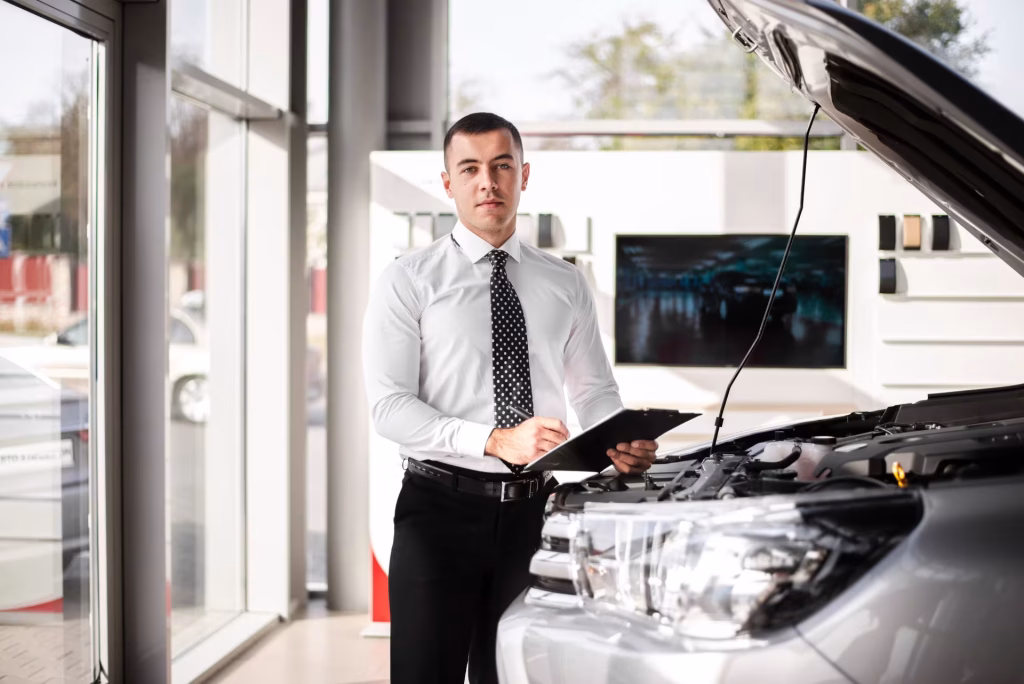 Vendedor com prancheta ao lado de um carro com o capô aberto