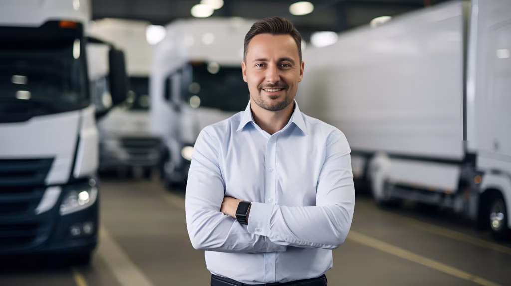 Empresário de braços cruzados em um galpão com caminhões