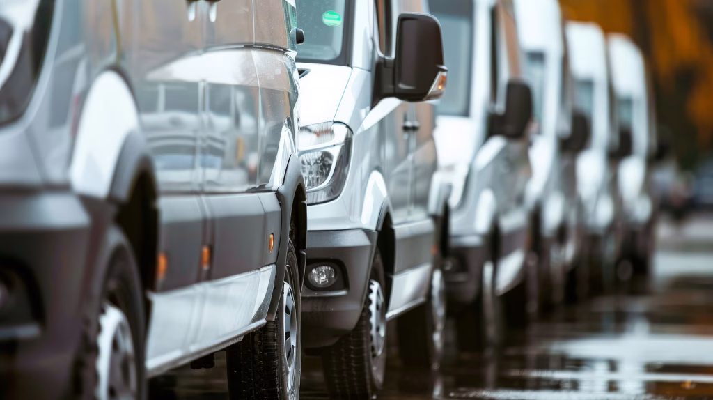 Fileira de vans brancas estacionadas lado a lado
