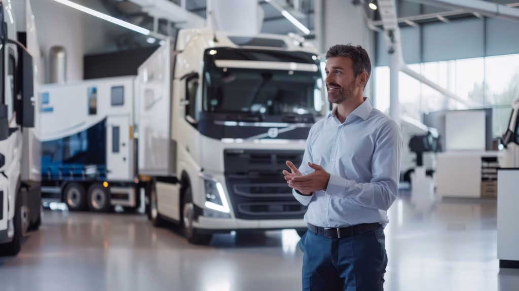 Vendedor gesticulando em um showroom de caminhões